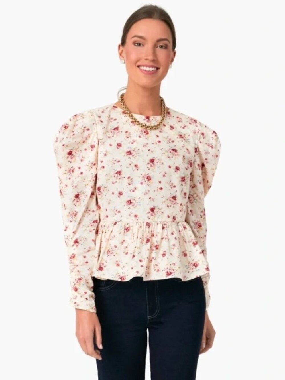 Hyacinth House Floral Printed Long Sleeve Peplum Top in Cream New Womens